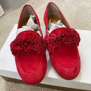 Red suede pom loafers